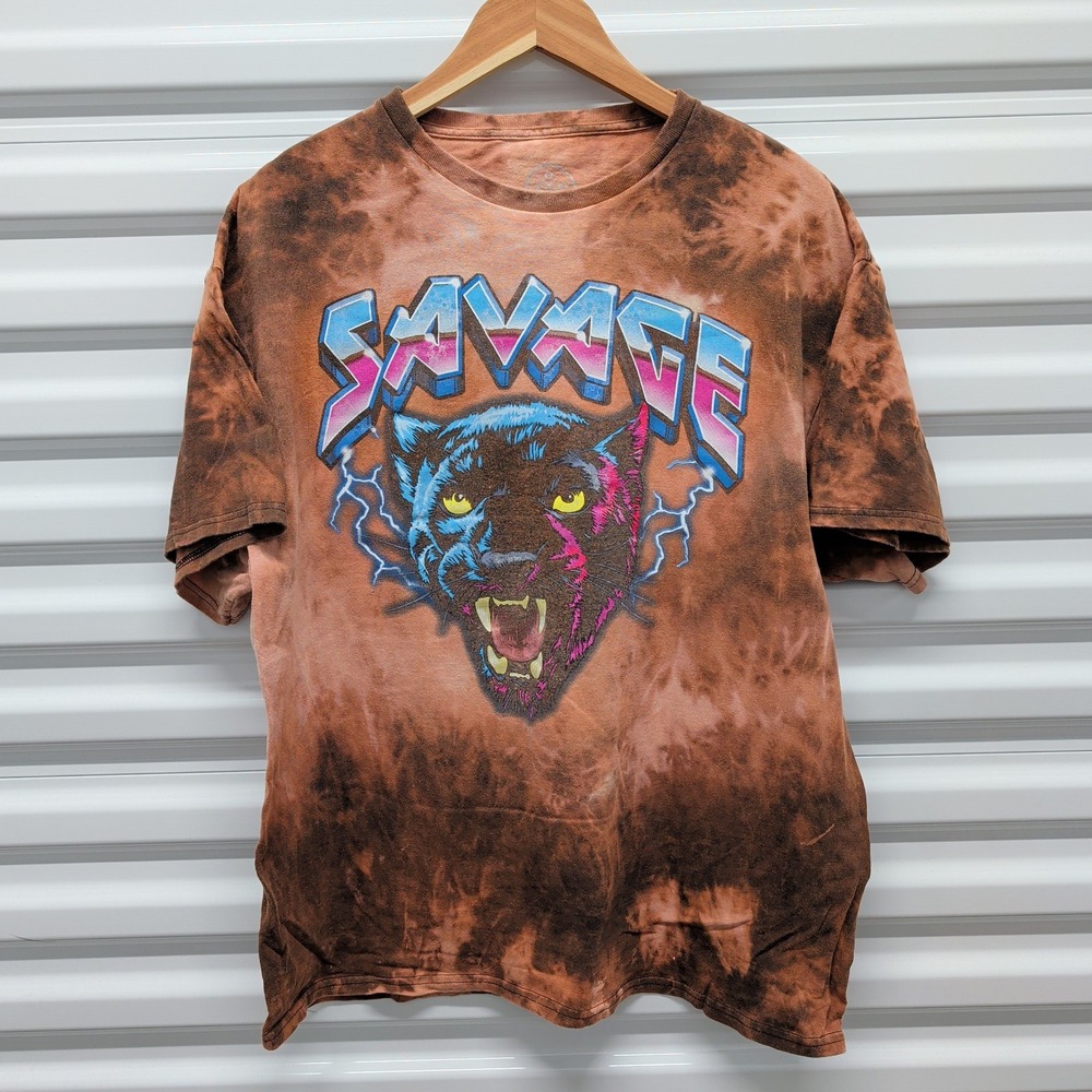 Dom Savage Panther Graphic Tee XL Mens Brown Orange Tie Dye Acid Wash T-Shirt — photo 2